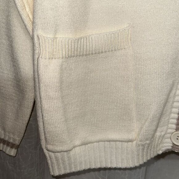 Pink Republic M Ivory Tan Stripe Trim Knit Button V-Neck Cardigan with Pockets - Picture 12 of 16